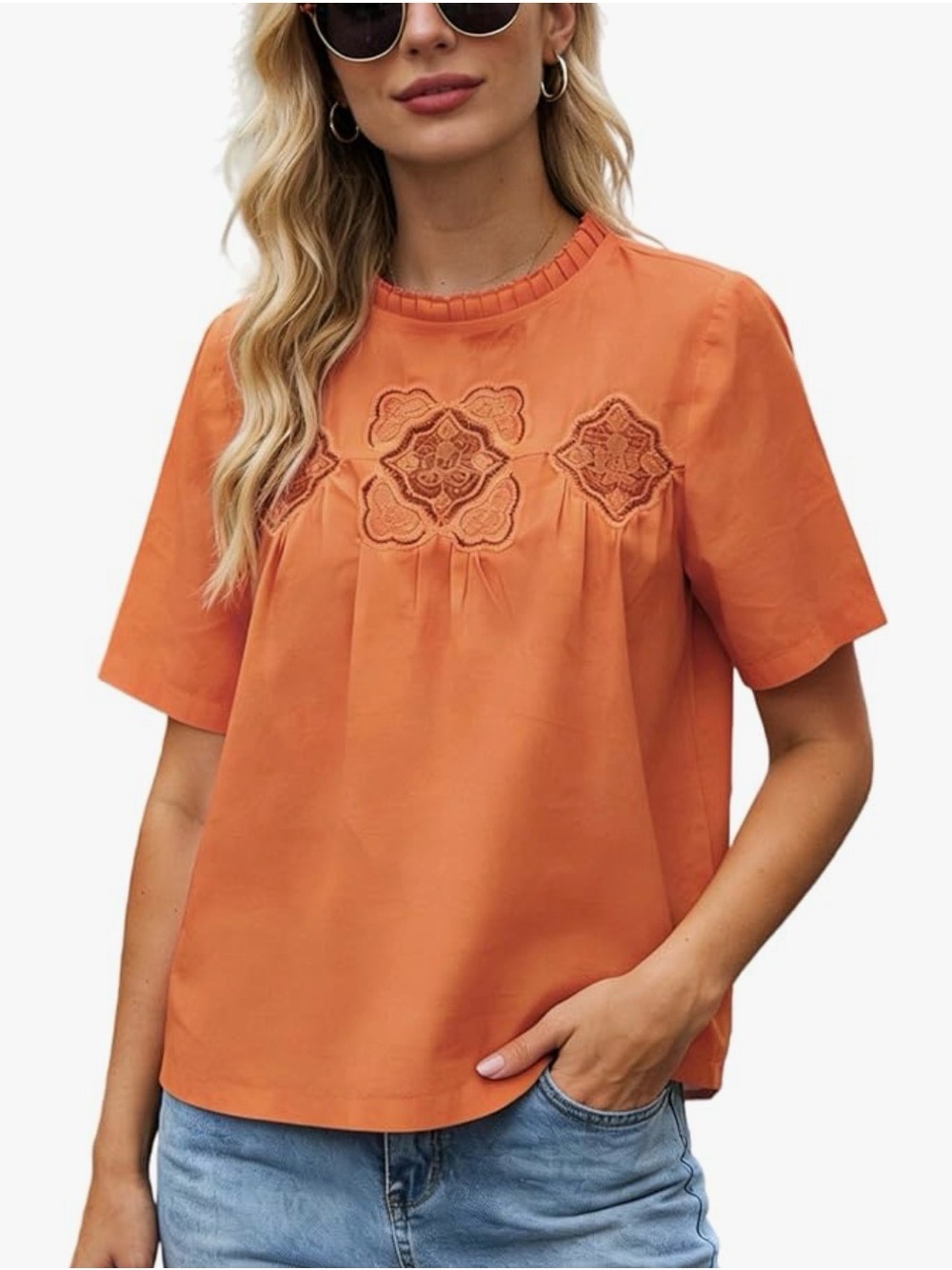 NWT Embroidered Short Sleeve Poplin Top - Orange SIZE L